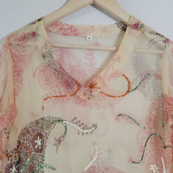 Beautiful Colorful Floral Beach Cover-Up Sz 42/M-L Silk Half Sleeve Sheer Beachy - Picture 3 of 12
